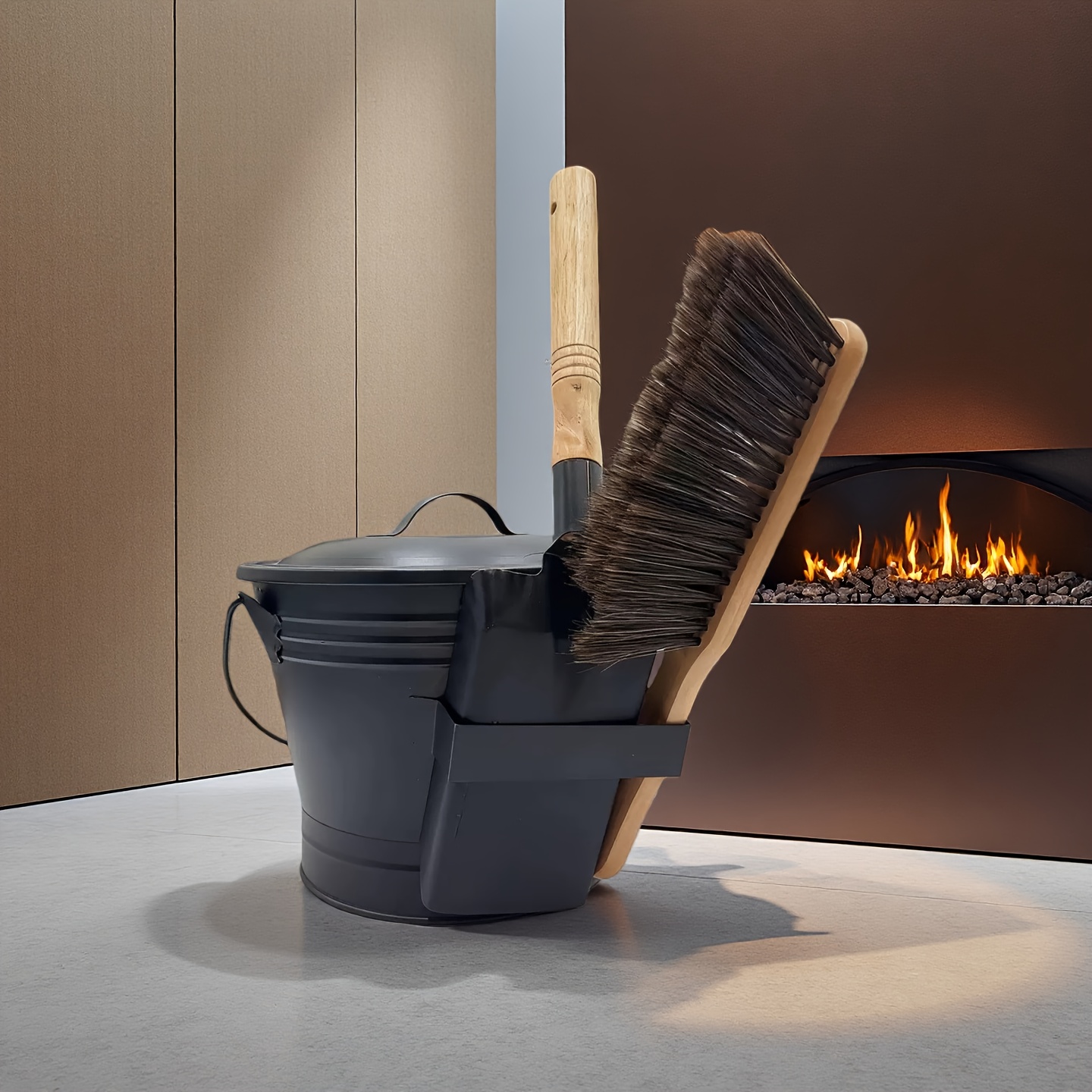 TEMU 3pcs Heavy-duty Fireplace Set With Covered Ash Can, Fireplace Shovel ( Handle) & Brush - Iron For Indoor/outdoor Wood Stove, Fire Pit, Chimney