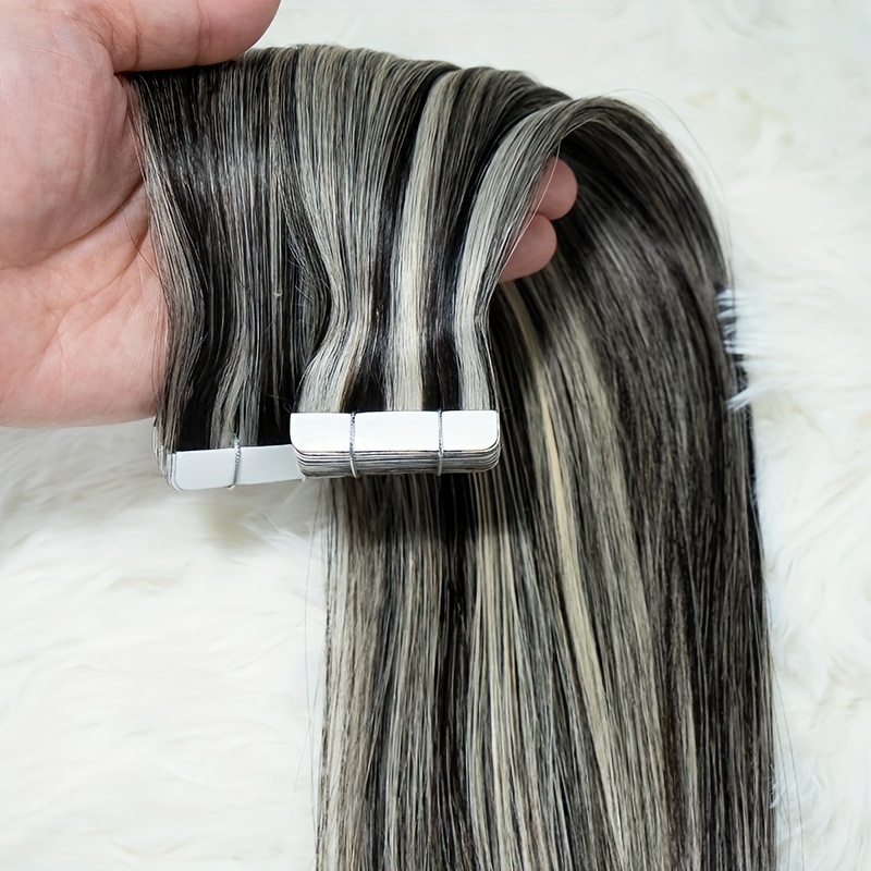 TEMU Tape In Hair Extensions Human Hair Invisible Hair Extensions Real Hair Seamless Tape In Human Hair Extensions 18-28 Inch Straight Natural Black