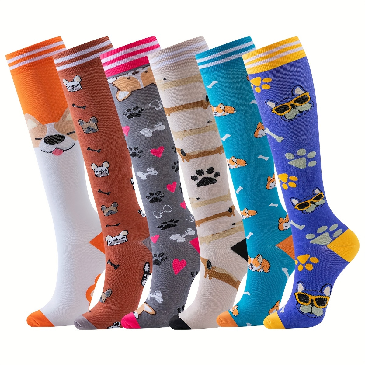 

6 Pairs Unisex Dog Pattern Compression Sports Socks, Novelty Animal Sports Stockings, Breathable Comfortable Fun Pet Themed High Socks For Casual & Athletic Wear