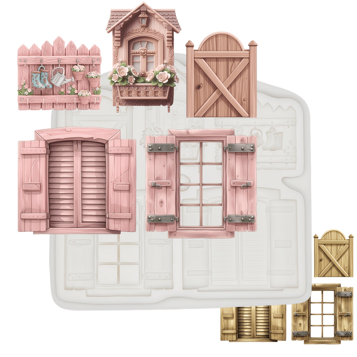 Image of 1pc Silicone Molds For Doors, Windows, And Fences Of A Rustic Wooden House, Suitable For Diy Handmade Fondant Cake And Chocolate Decoration Tools.
