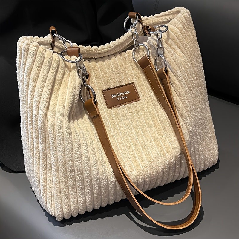 E-shop Retro Kunstleder Kaninchenfell Cord Samt Schultertasche, Einfarbige Handtasche Tote Bag, Großes Fassungsvermögen, Geeignet für Herbst Winter ,