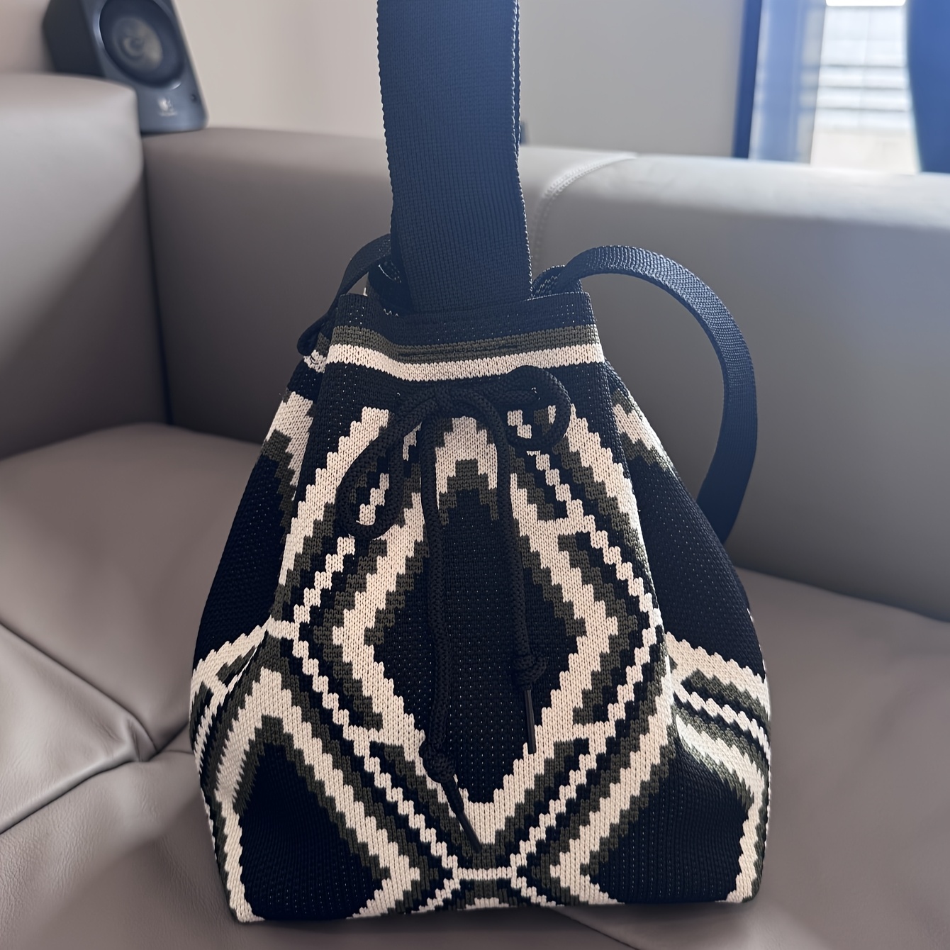E-shop High-End Geometrisches Muster Offene Schultertasche mit Kordelzug, Bequeme Große Kapazität, Lässige Tote Bag, Crossbody Bag, Damen Tasche