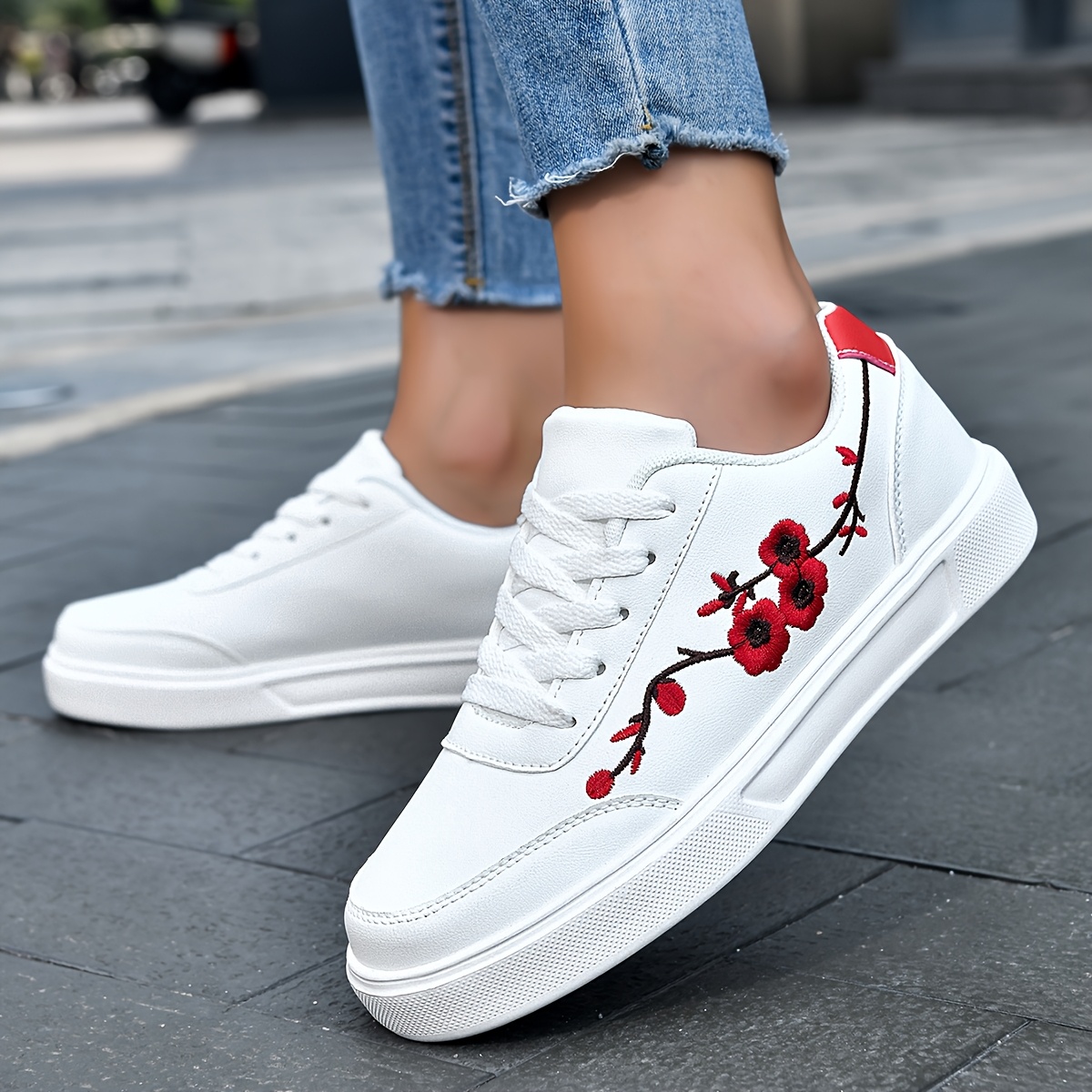 women's floral embroidery casual sneakers white red flowers Temu