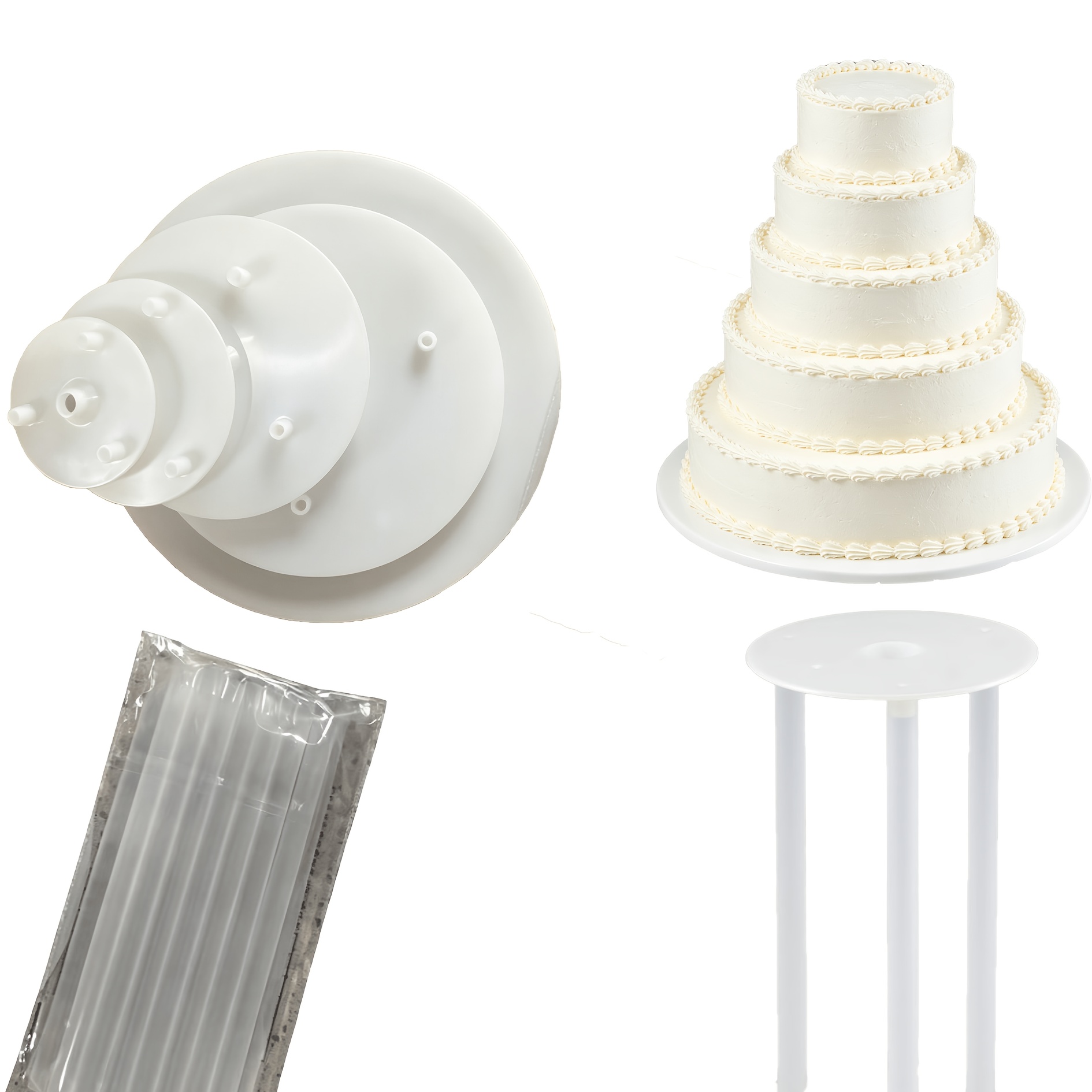 TEMU 20pcs Cake Support Rods Set, 15pcs Transparent Plastic Cake Support Pillars, With 5pcs Round Cake Plates, Sizes 4", 6", 8", 10", 12", Reusable
