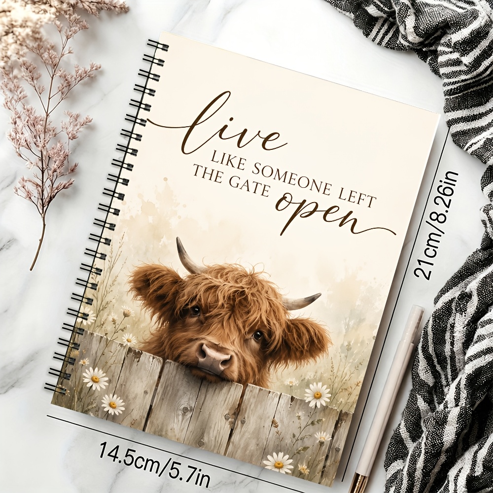TEMU Highland Cow Inspirational Quote Notebook Cover With Daisies, A5, 50 Pages/25 Sheets, 1pc