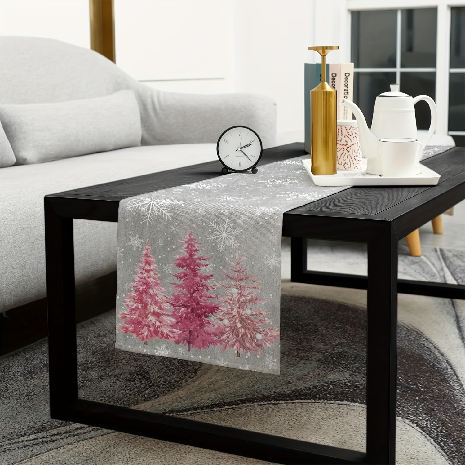 Image of Abstract Christmas Tree Table Runner Holiday Dresser Scarf, Blush Pink Christmas Snowflake Gray Tablerunner For Kitchen Coffee Restaurant Bedroom Living Room Dinner Scarf Decoration