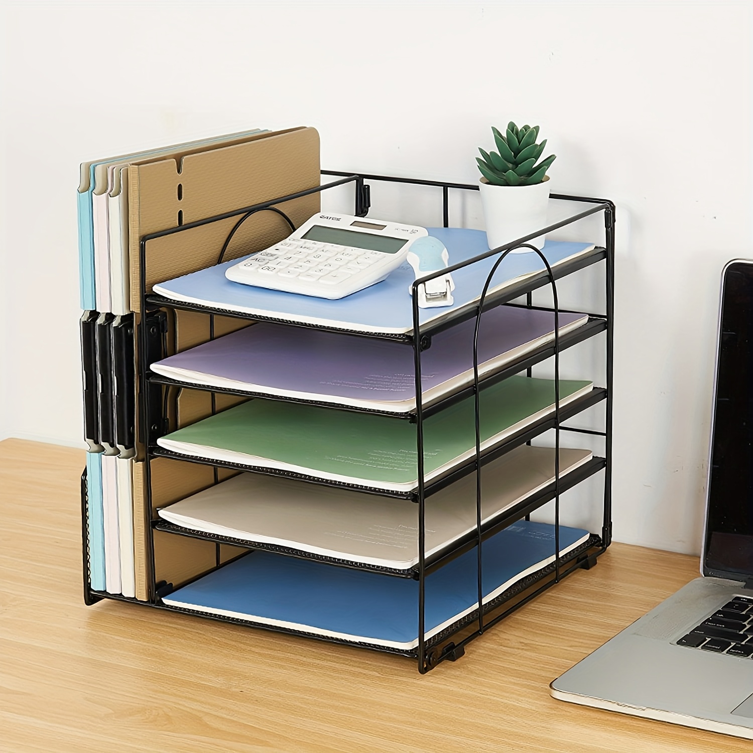 E-shop 5-stufiger Metall-Schreibtisch-Organizer mit Aktenhalter - Stabiler Bürobedarf-Aufbewahrungsständer für Briefe, Papiere und Zubehör, Schwarz,