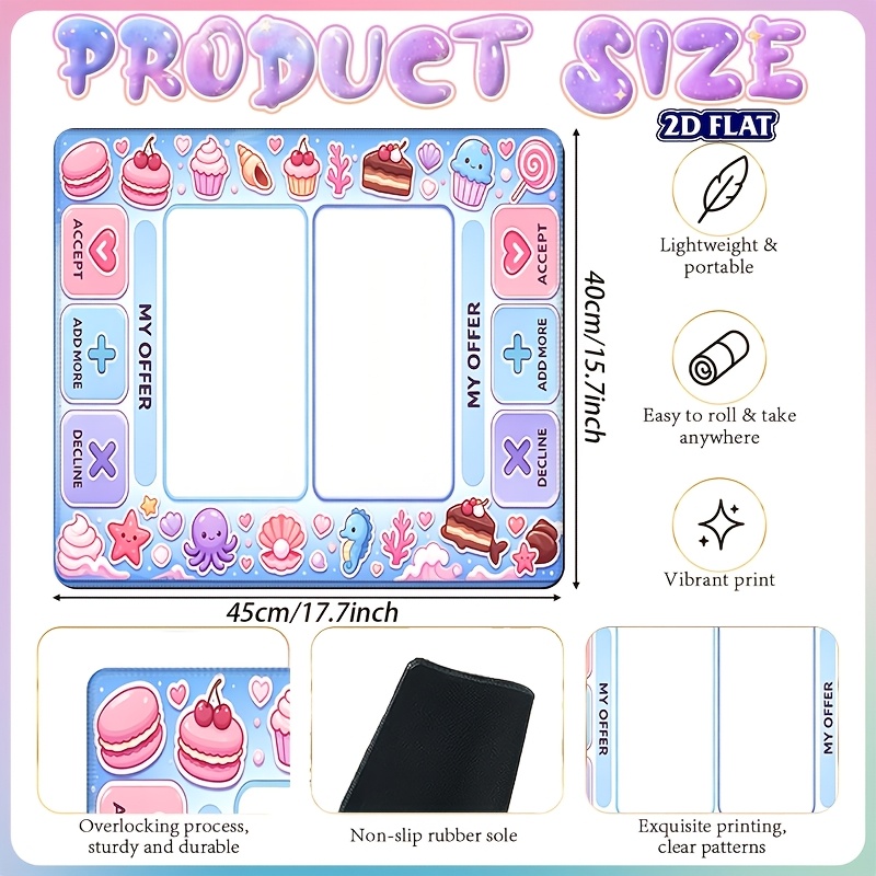 TEMU 1pc 2d Flat Kawaii Pastel Sweet Dessert Sea Creature Trading Board Trading Mat Playmat 15.7x17.7inch Non-slip Rubber Base Durable Stitched Edges