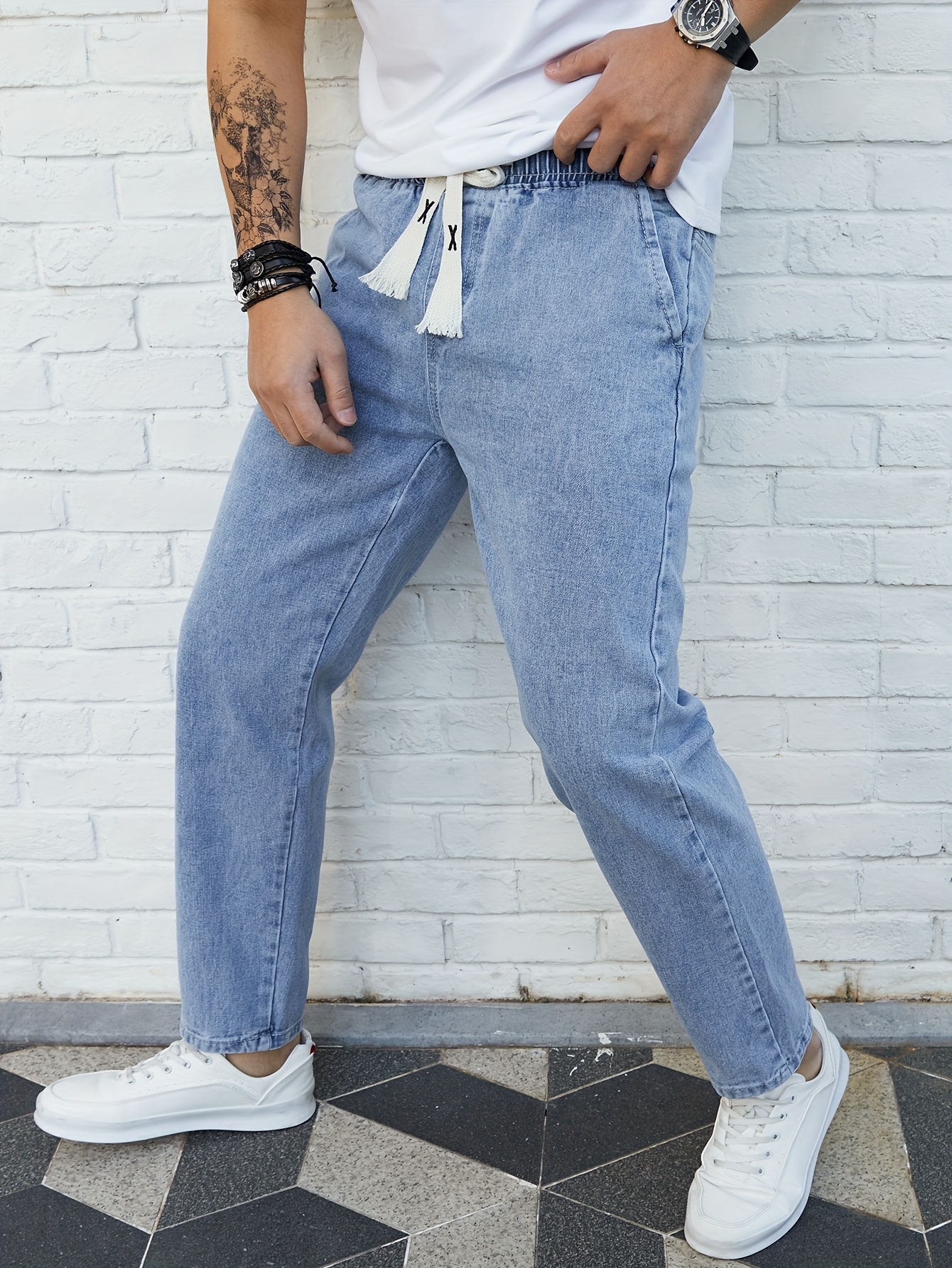 Men's Washed Denim Pants, Spring/Autumn Fashion Brand Loose Straight-Leg Elastic Waist Drawstring Versatile Japanese Style Casual Cropped Pants, Geng Yuanshi