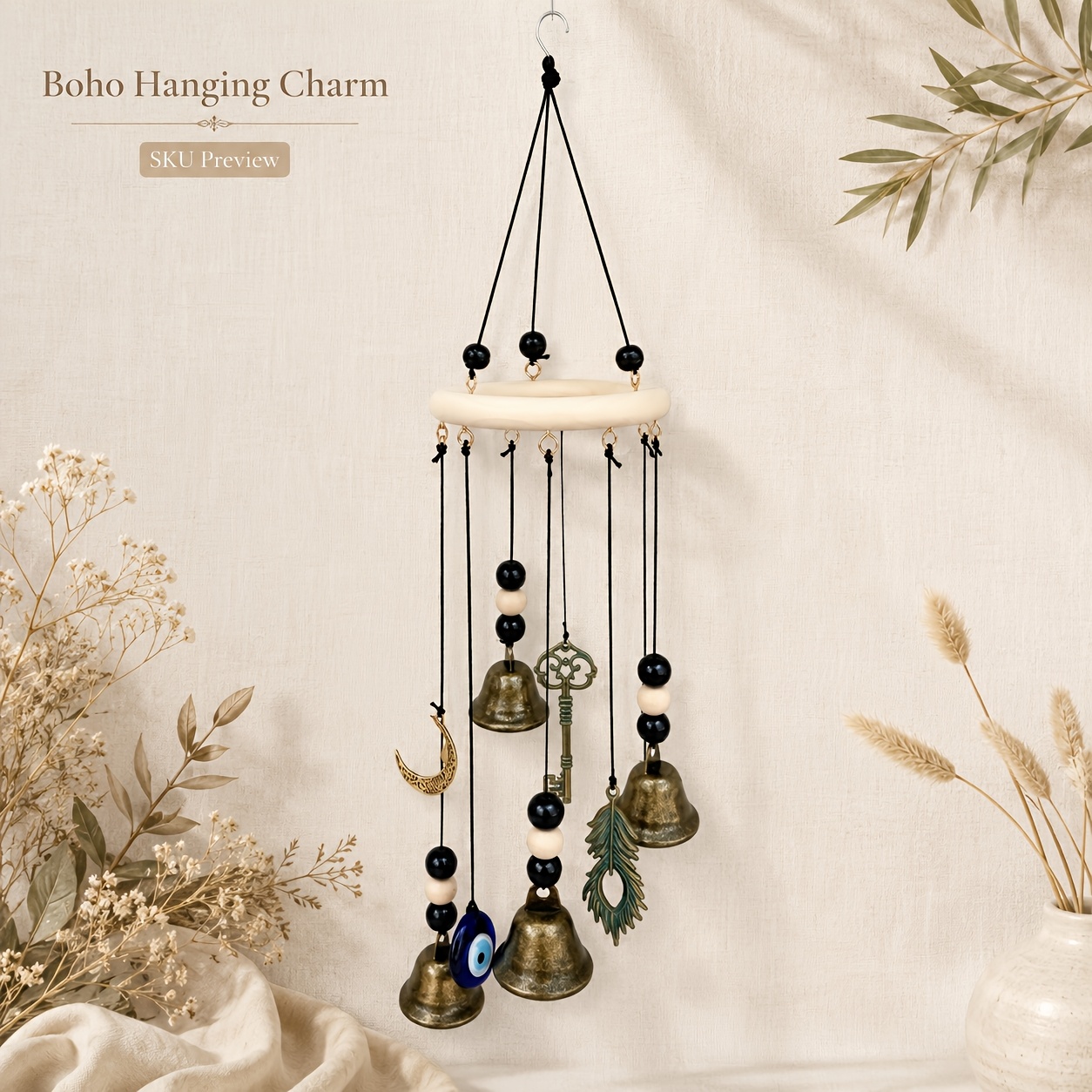 TEMU Campanellino di Halloween con Occhio , Luna e Ciondoli Chiave Vintage, Decorazione Boho da Appendere per Portico, Giardino, Patio e Casa, Regalo