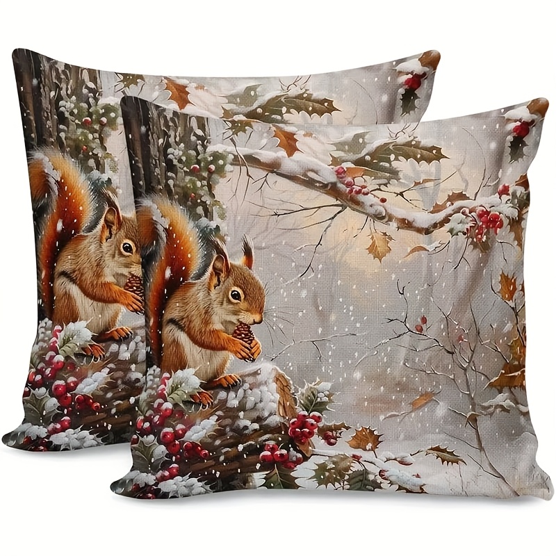 TEMU 2pcs Winter Squirrel & Berries Rustic Farmhouse Throw Pillow Covers - Scene With Red Berries, Machine-washable Zipper Closure Covers For Couch,
