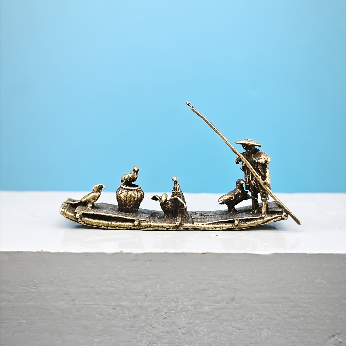 TEMU Brass Vintage Rustic Micro Song Jiangnan Boat With Bamboo Raft Model Aquarium Micro Landscape Decoration Figurine, Jiangnan Fisherman Miniature