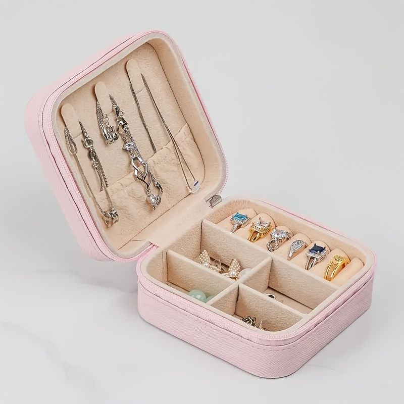 TEMU Stylish Mini Jewelry Box - Portable Travel-inspired Case, Suitable For Earrings, Necklaces, Rings | In White, Pink, Blue, Black | Perfect Gift For Women And S