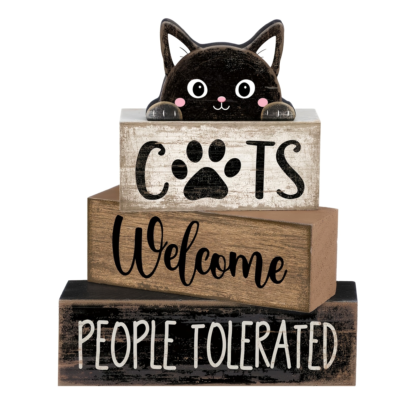 TEMU ", People Tolerated" Funny Farmhouse Table Decor - Vintage Black Cat Stacked Sign Suitable For , Artificial Tiered Tray For Home, , Room