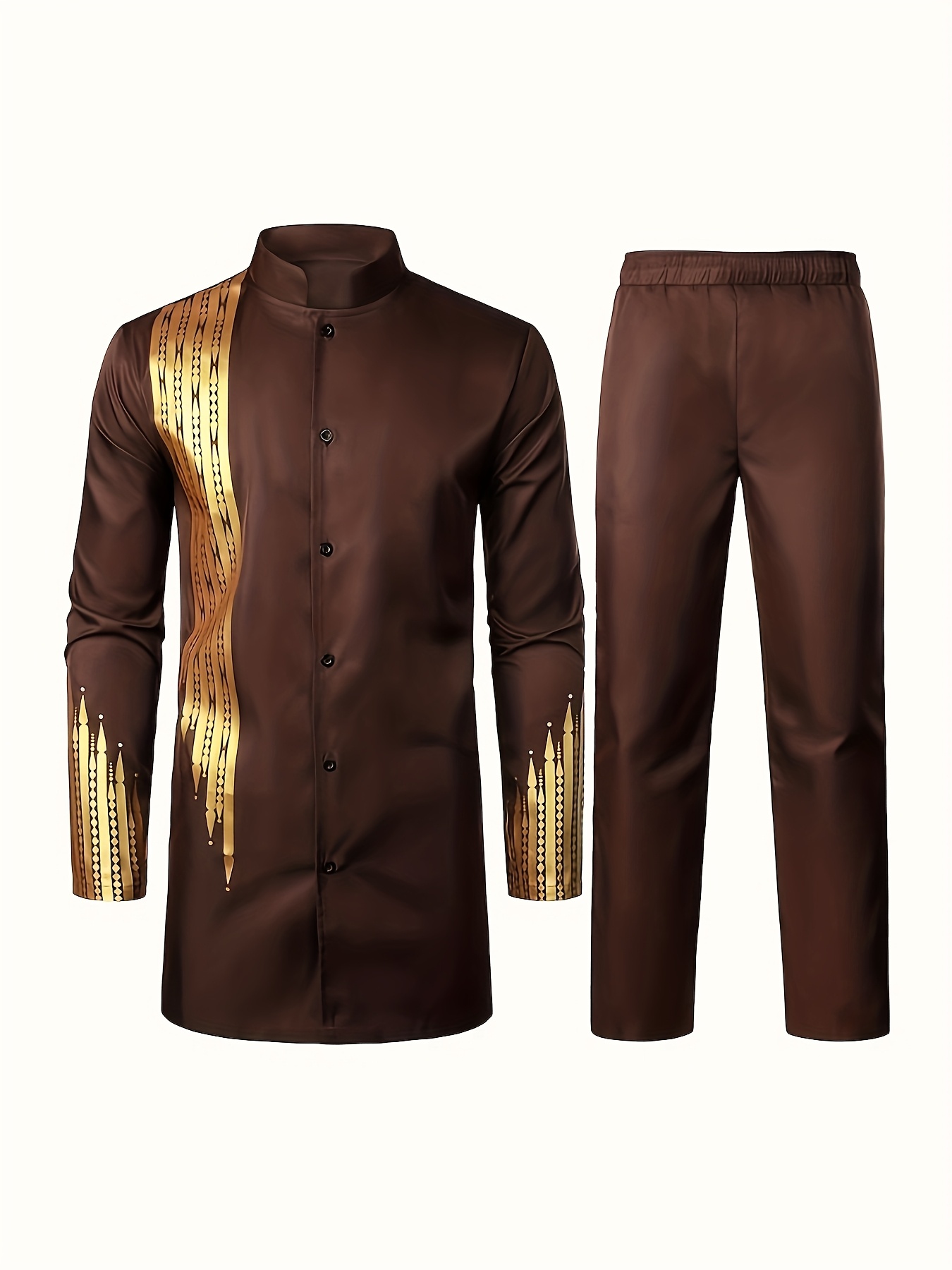 Men'S Casual Long-Sleeve Two-Piece Suit - Mid-Length Top & Trousers, Button Detail, Loose Fit, All-Season Wear, Traditional Cultural Attire, Formal & Everyday Outfits