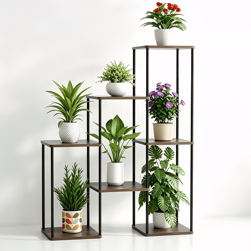 Image of 5-tier Plant Stand, Stepped Flower Stand, Balcony Plant Rack, Large Capacity With 7 Wood-grain Trays, Living Room Staggered Display Shelf, Space Vertical Storage, For Living Room Balcony Bedroom