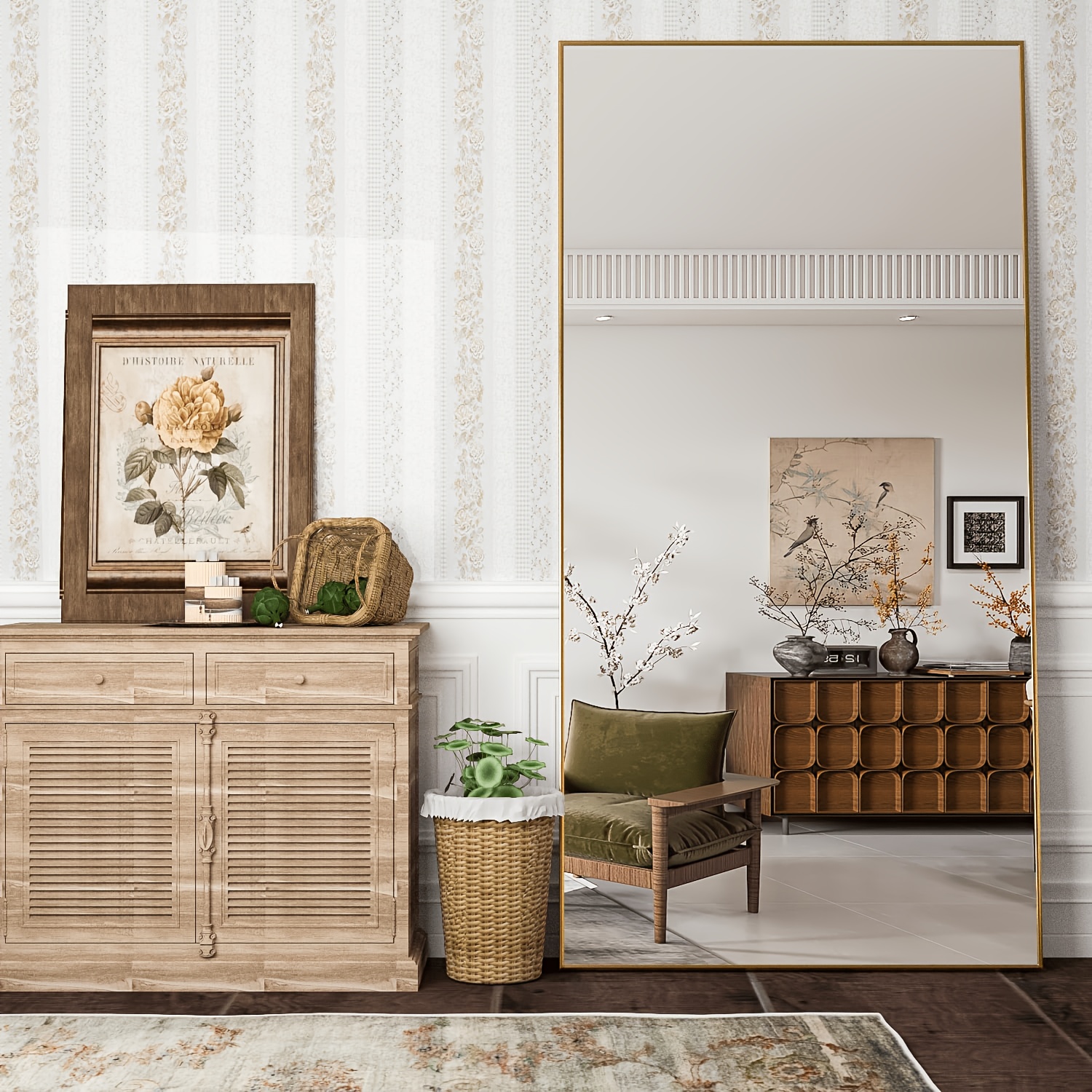 Image of 171 X 76 Cm Floor-standing Mirror, Wall Mirror, Large Floor-standing Mirror, Wall-mounted Floor-standing Mirror For The Bedroom, With A Bordered Or Narrow-framed Design, Golden