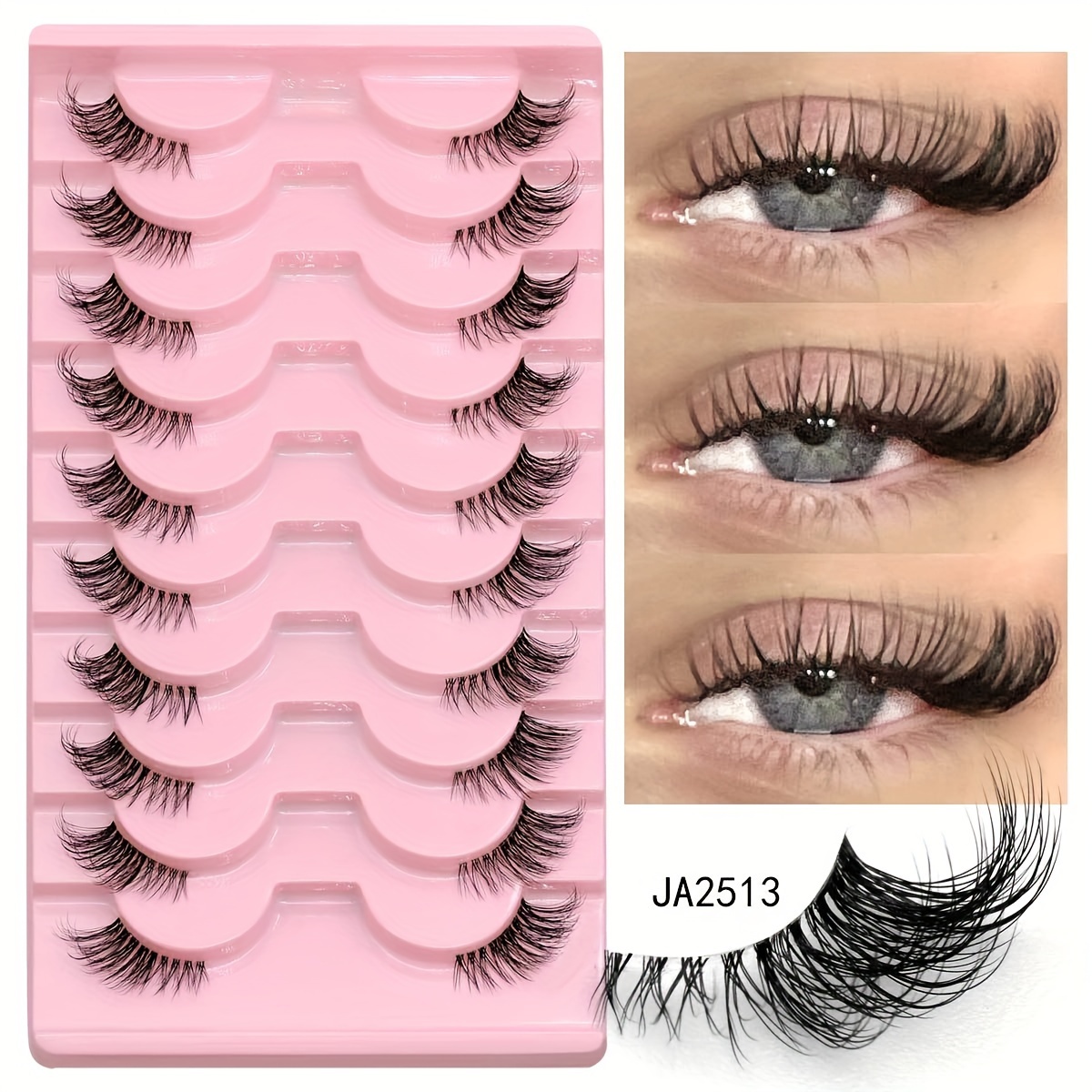 Image of Groinneya 10 Pairs Half Lashes Band Stem Half Eyelashes Fluffy Cat Eye False Eyelashes Lightweight Soft 3d Mink Eyelashes Curly Wispy Fake Eyelashes For Beginners Daily & Party, Back To School Makeup