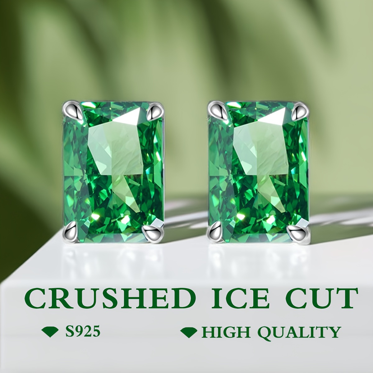 

8 Carat Quality Emerald Green Zirconia Sparkle Ice Cut Mosaic S925 Silvery Plated Platinum And Golden Women's Stud Earrings Elegant Popular Fashion Style