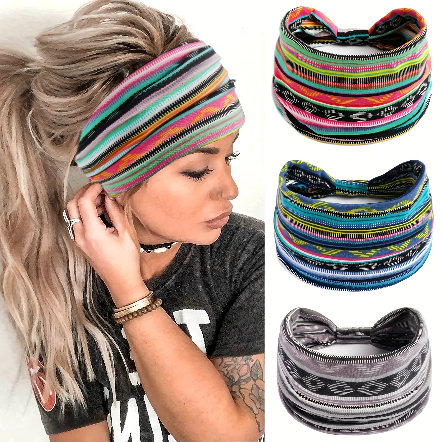 E-shop 3er-Set Bohemian Stirnbänder für Frauen - Lebhafte Streifen & -Muster, Elastische Rutschfeste Schweißbänder - Ideal für Yoga, Laufen & Sport -