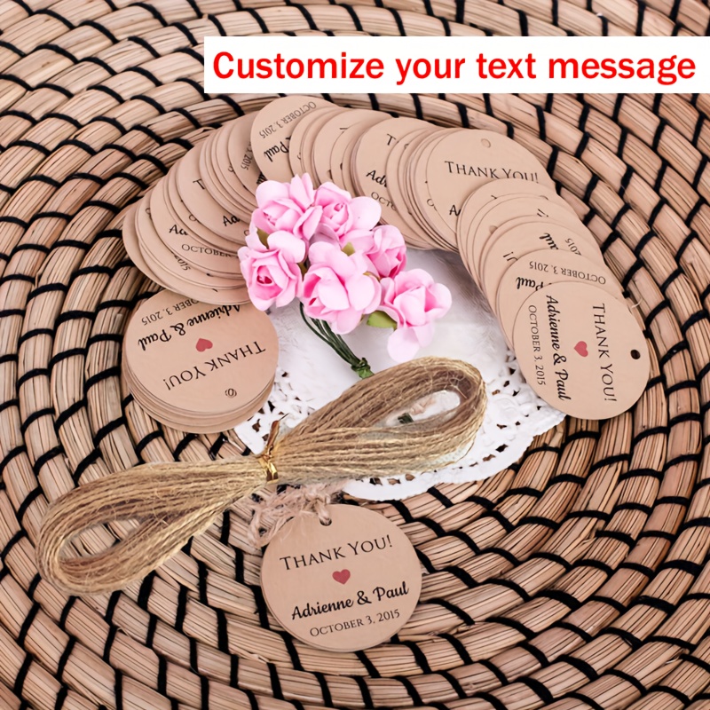 TEMU Pack van 50 Aangepaste Kraftpapieren Kaarten, Ronde Etiketten van 4.5x4.5 cm met Eigen Tekst, Inclusief 10 Meter Touw, Geschikt voor Bruiloften,