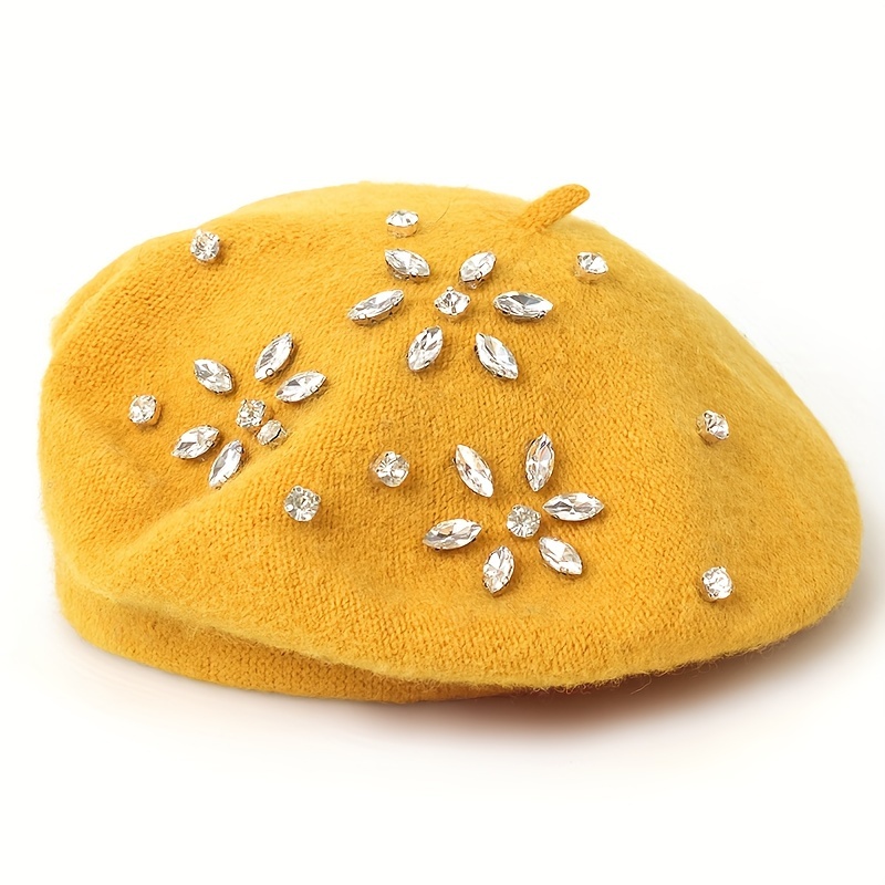 TEMU 1pc Autumn/winter Rhinestone Flower-shaped Elegant And Fashionable Women's Beret, Solid Color, Multiple Colors Available, Suitable For Daily Use