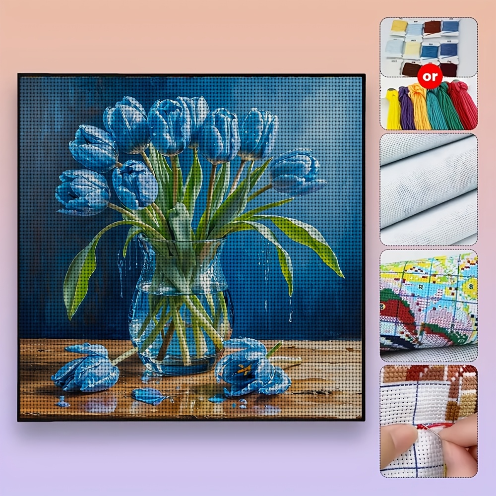 DIY Cross-Stitch Printed Kit, Unframed, Blue Tulips in a Vase Design