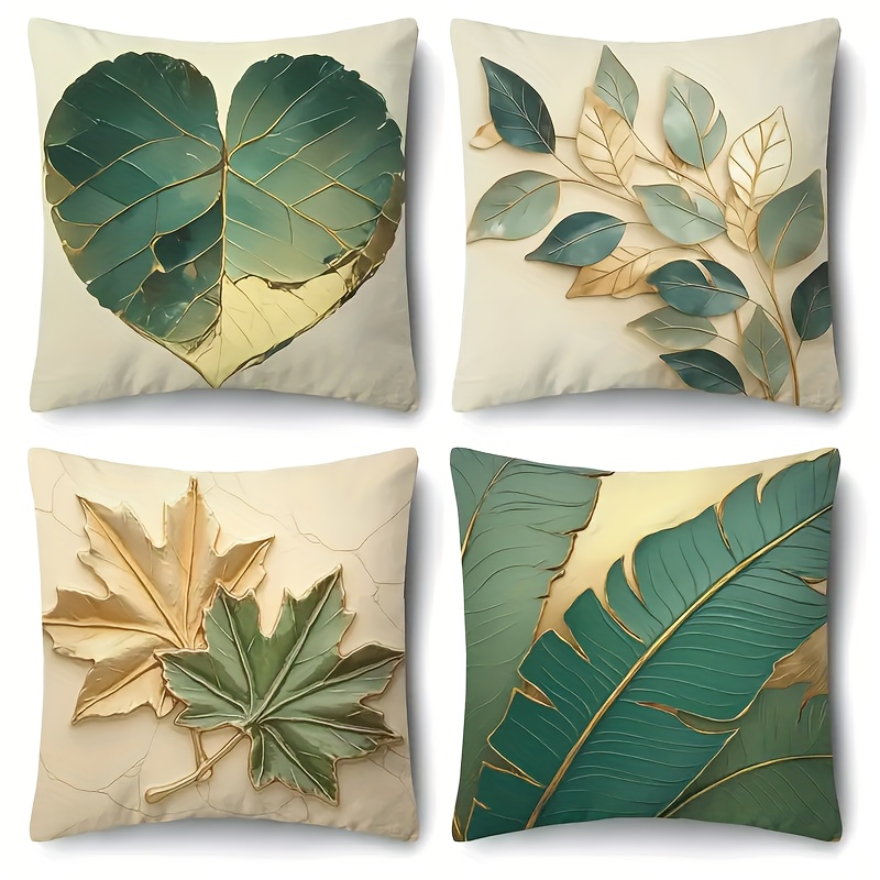 Set Of 4 Vintage Leaf-patterned Covers, Options, Made Of Polyester With Zipper, Machine Washable - Perfect For Decorating Bedrooms And Living Rooms - Cozy And Fashionable, Sofa S