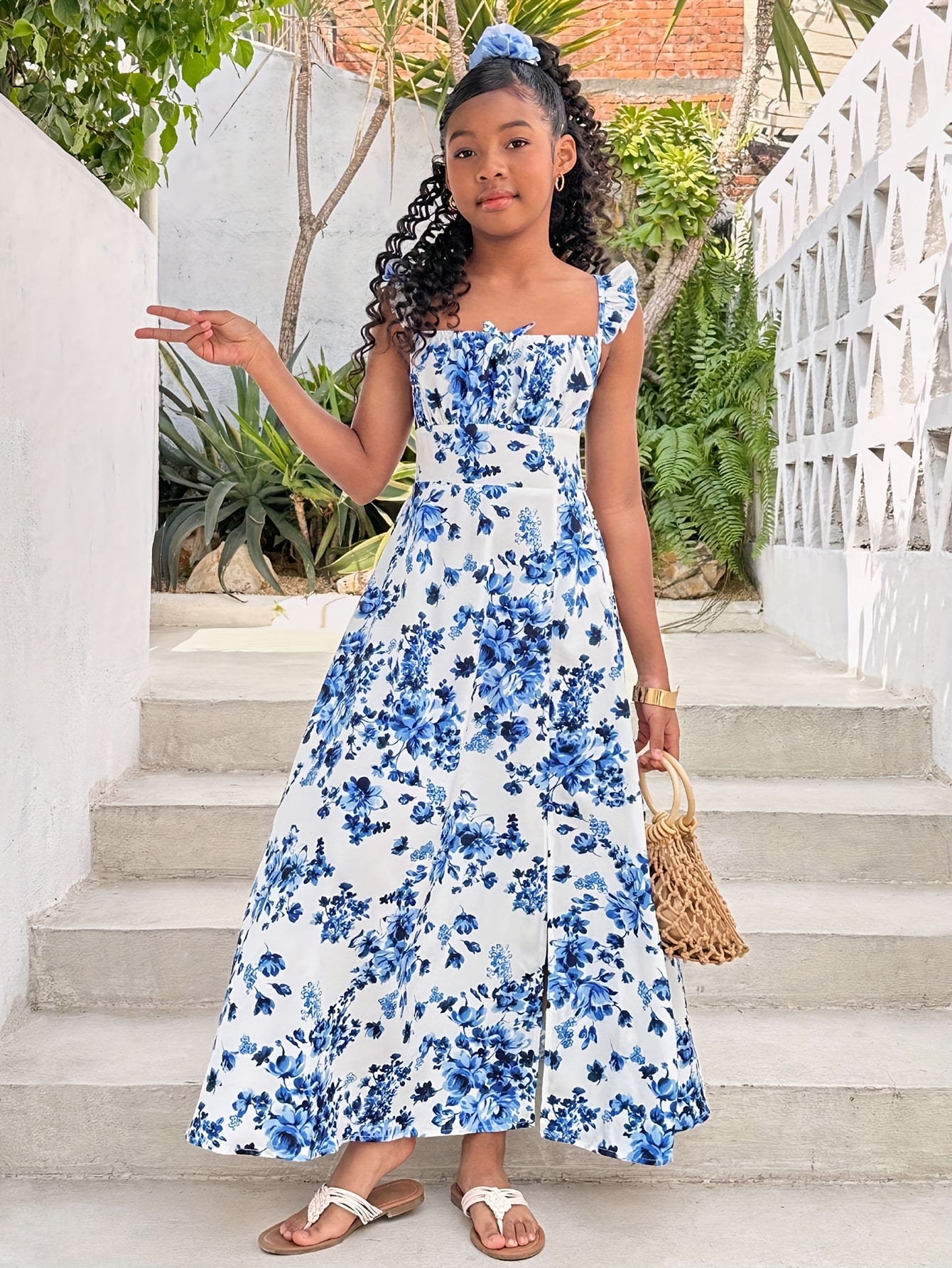 KIDS Young Tween Girls' Vacation Casual Ditsy Floral Long Backless Split  Dress, Fashion