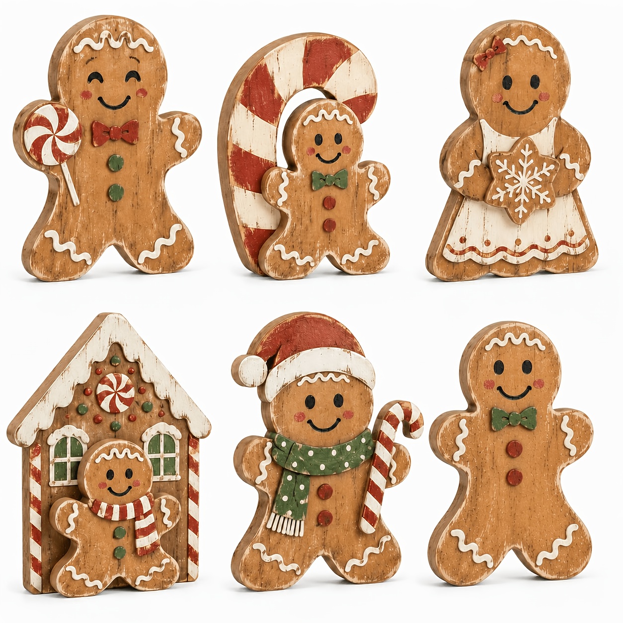 TEMU 6pcs Wooden Gingerbread For Man Ornaments With Funny Hats - Farmhouse Table Centerpieces Suitable For Christmas, Winter Table Decorations,