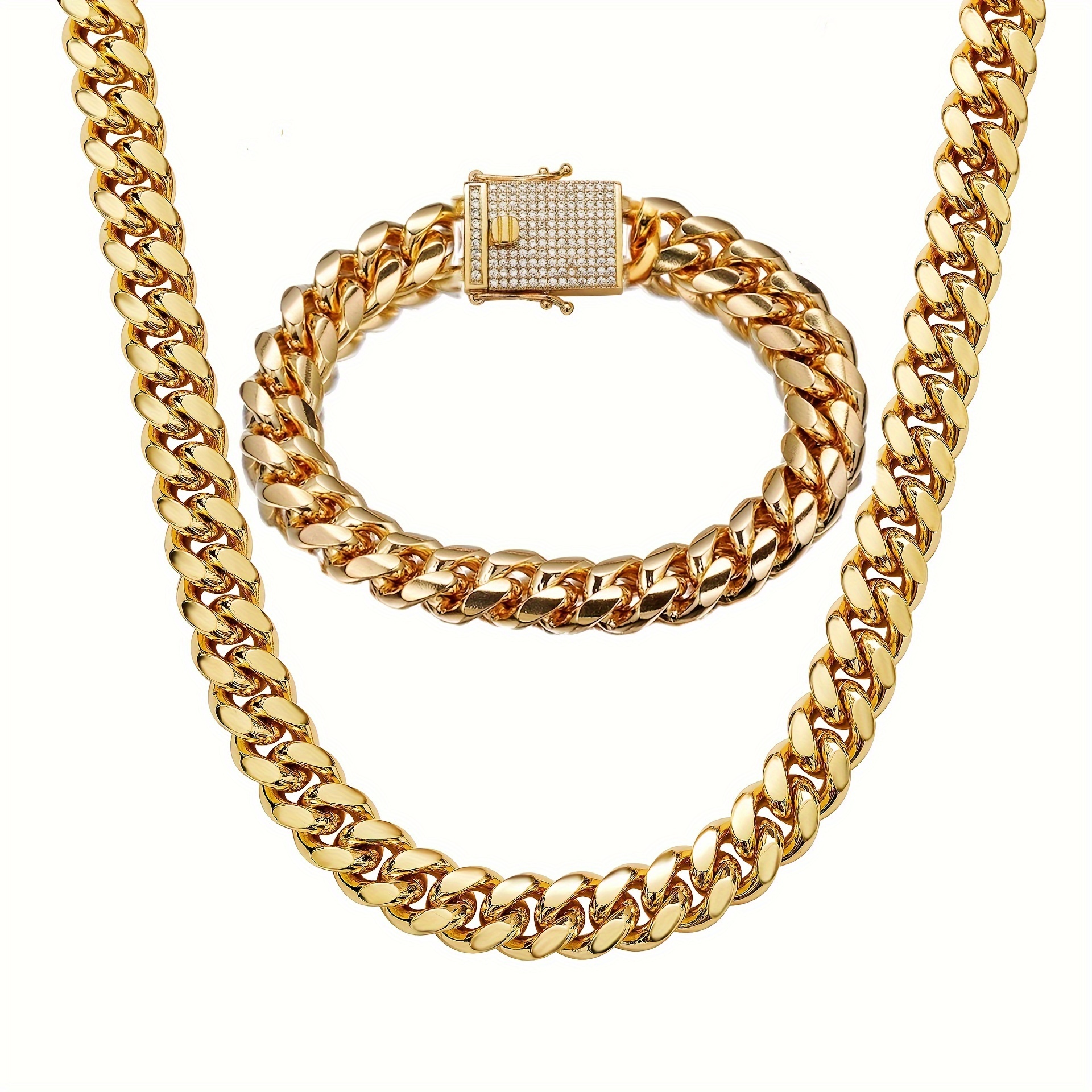 

2pcs 18k Gold Plated Thick Chain Jewelry, Hip Hop Necklace Bracelet Set For Men