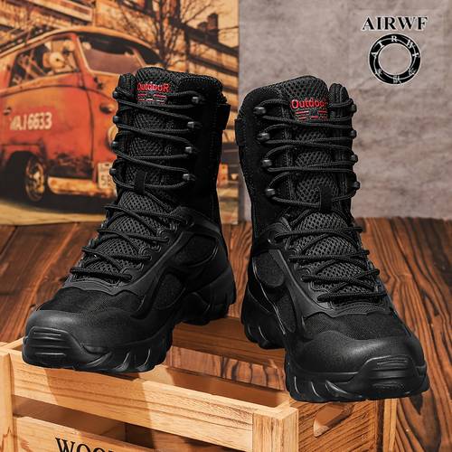 item picture new stylish mens high top boots suitable for hiking work hunting and year round mountaineering breathable and lightweight outdoor boots in khaki and black sizes 39 47