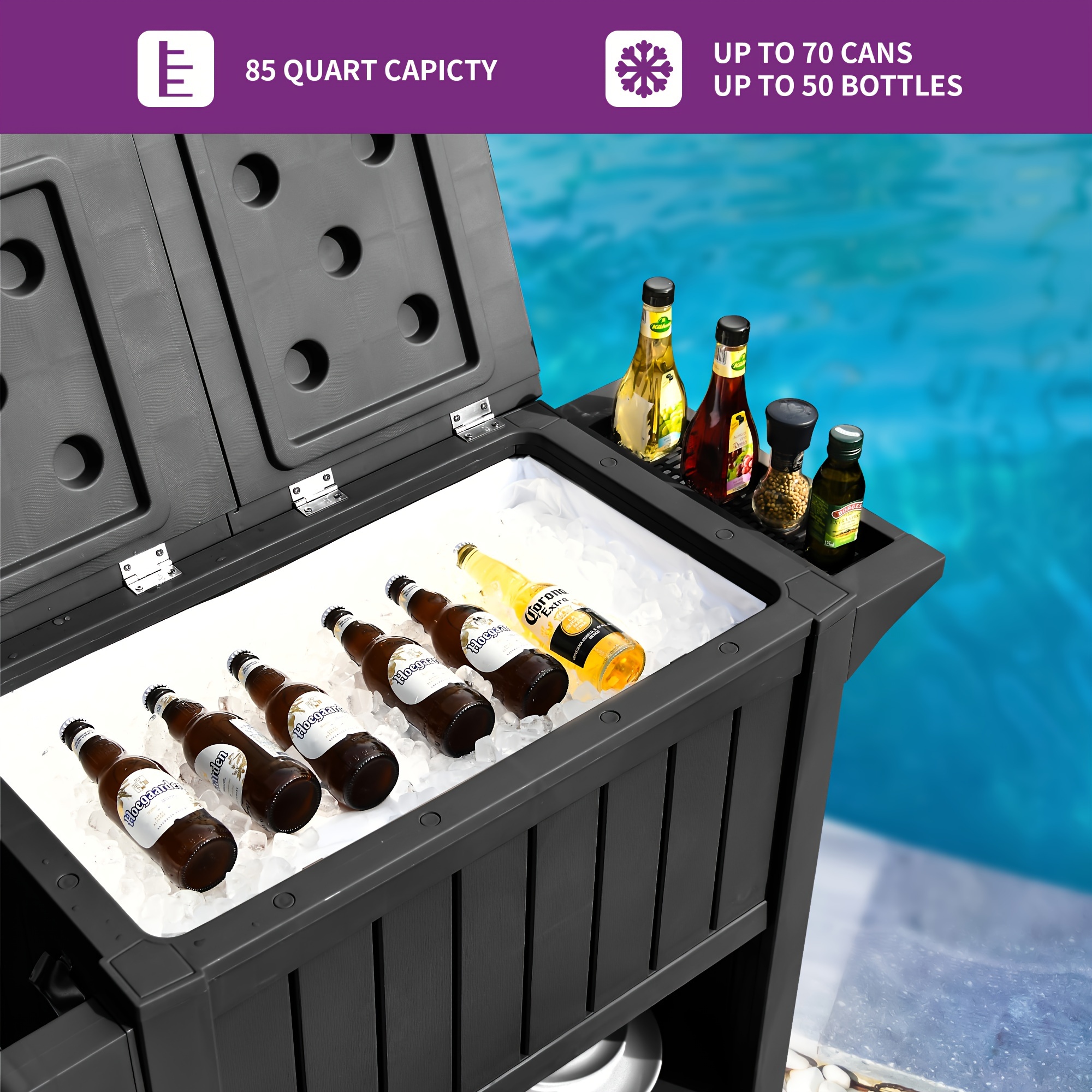 85 Quart Rolling Cooler Cart With Bottle Opener Drainage, Portable Patio Cooler On Wheels, Outdoor Beverage, Ice Chest Cart For Pool Deck Party BBQ Cookouts (Black)