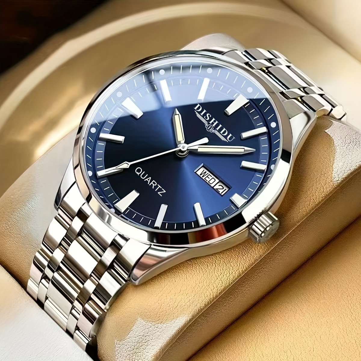 1pc elegant stainless steel mens quartz watch with double calendar glow function waterproof date display business   perfect gift for birthdays holidays holiday accessory elegant watch design quartz movement stainless steel watch