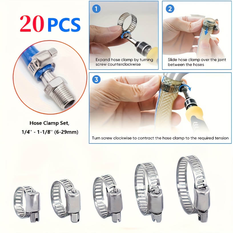 

20pcs 304 Stainless Steel Hose Clamp Set, Worm Gear Adjustable Range 1/4" - 1-1/8" (6-29mm), Durable Metal Clamps For Pipe, Intercooler, Plumbing, Tube, And Fuel Line.