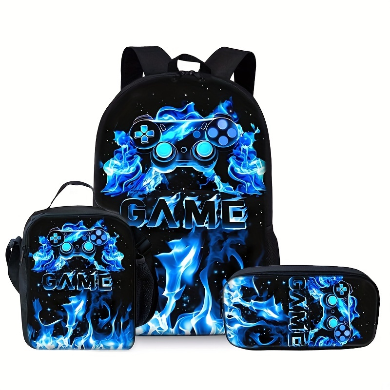 

Casual Fashion Blue Gamepad Print 3pcs Knapsack With Sling Bag And Pouch, Adjustable Strap And Large Capacity, Zip Up, Trendy Backpack For Travel And School