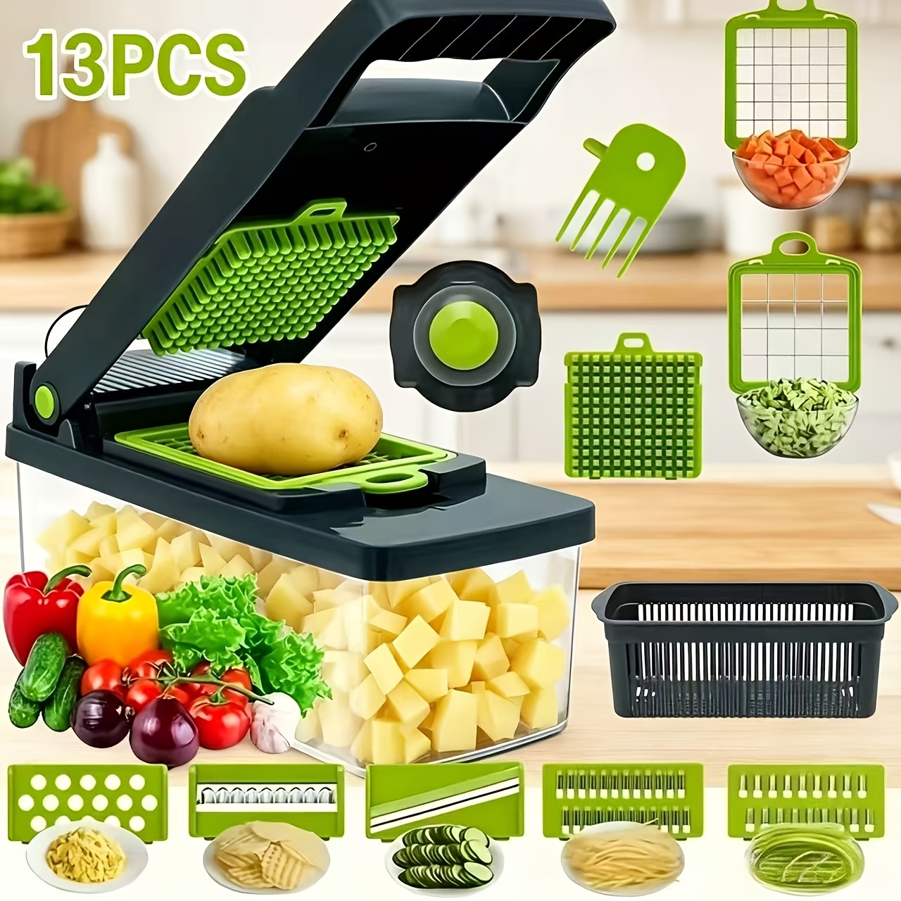 13pcs   vegetable chopper multifunctional fruit slicer handle based food grater container cutting tool   replaceable onion chopper household potato slicer