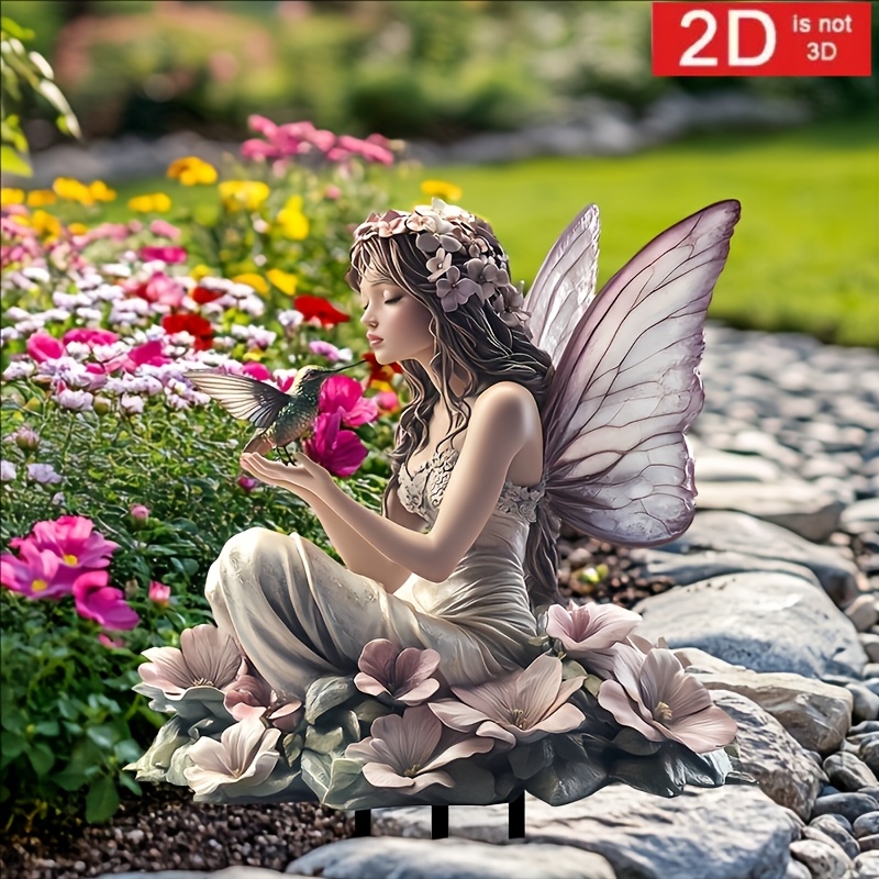 

2d Flat, Fairy And Hummingbird Acrylic Garden Stake - Weatherproof Outdoor Decoration For Flower Pots, Lawns, , And Backyards, Perfect Housewarming Gift Or Present For