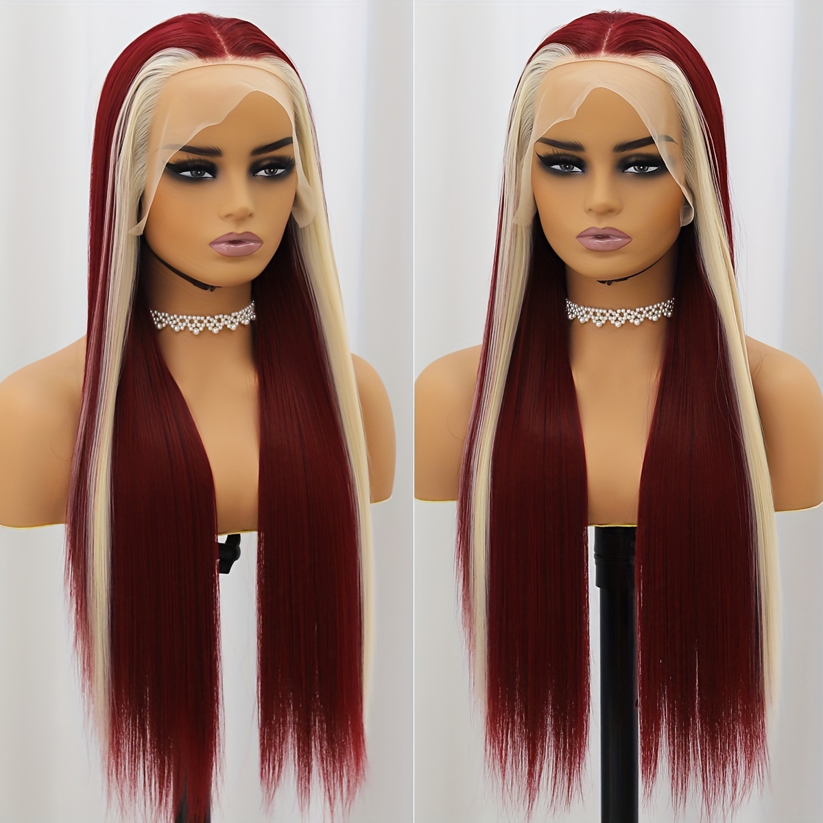 

613 Blonde Highlight Straight Lace Front Wig 13*4 Inch Part Space Synthetic Heat Resistant Fiber Silky Straight Red Hair Replacement Wig Glueless Lace Wig For Daily Party Use