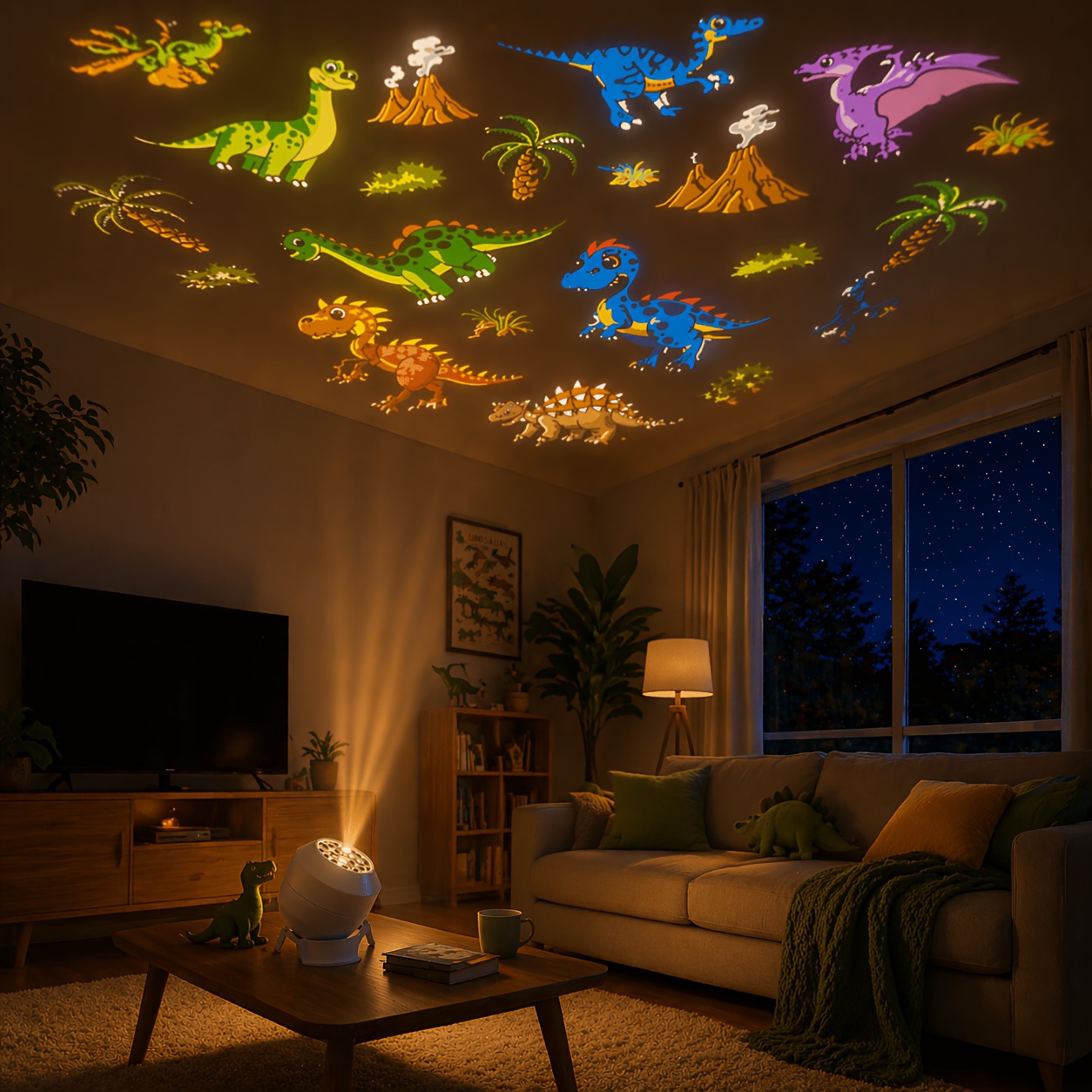 Dinosaur Themed Dynamic Projection Lamp, Dinosaur Forest Elements, USB Plug In, 360° Rotation for Dreamy Light Effects, Soft Light, Applicable to Bedroom, Living Room, Birthday Parties, an Excellent Gift