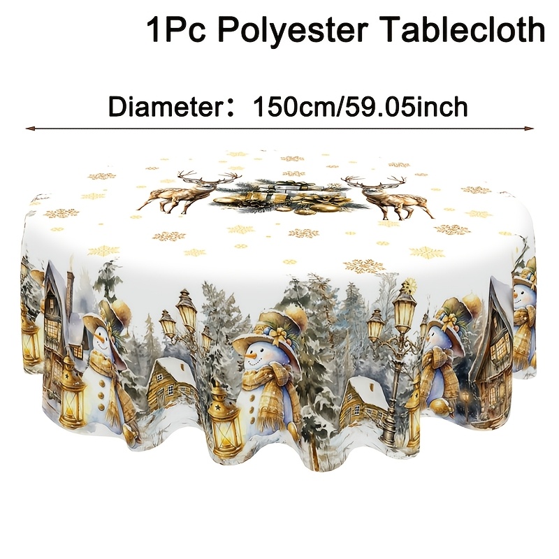 TEMU 1pc Christmas Tablecloth, White And Golden Snowman, Reindeer, Prints, Rectangle/round, 100% Polyester, For Home Kitchen, Dining Table Decor,