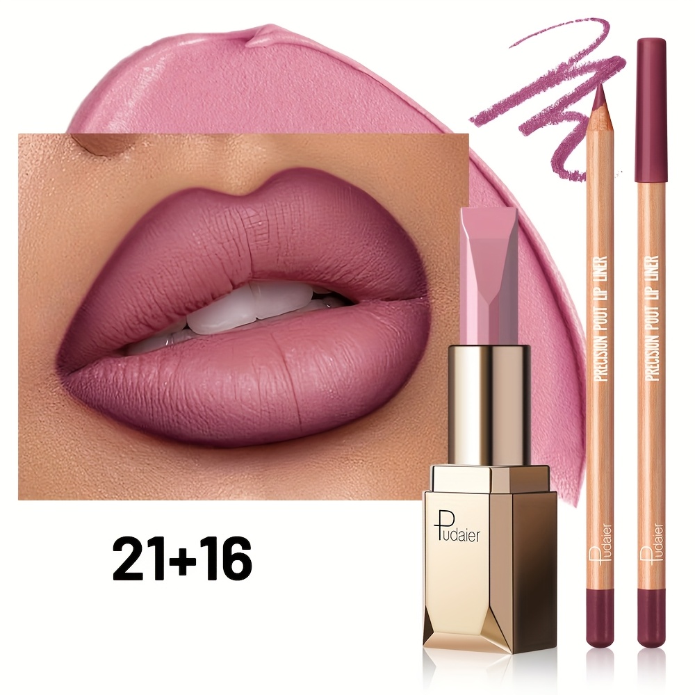 Image of Pudaier 2-in-1 Lip Gloss & Lipstick Duo Set - Creamy Wax Formula, 24h Long-lasting Hydrating Lip Makeup With Berry Tinted Glosses, Suitable For All Light Beige Types (women)