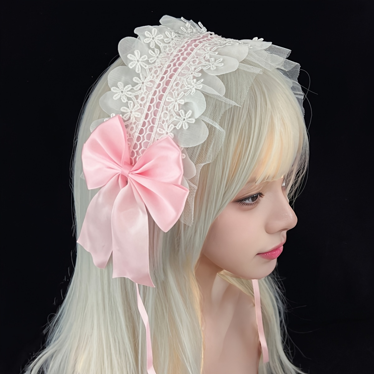 

1pc Lolita Dress-up Hair Accessory With Lace And Bow, Polyester And Spandex, Clip-on Back, Non-feathered, Headband