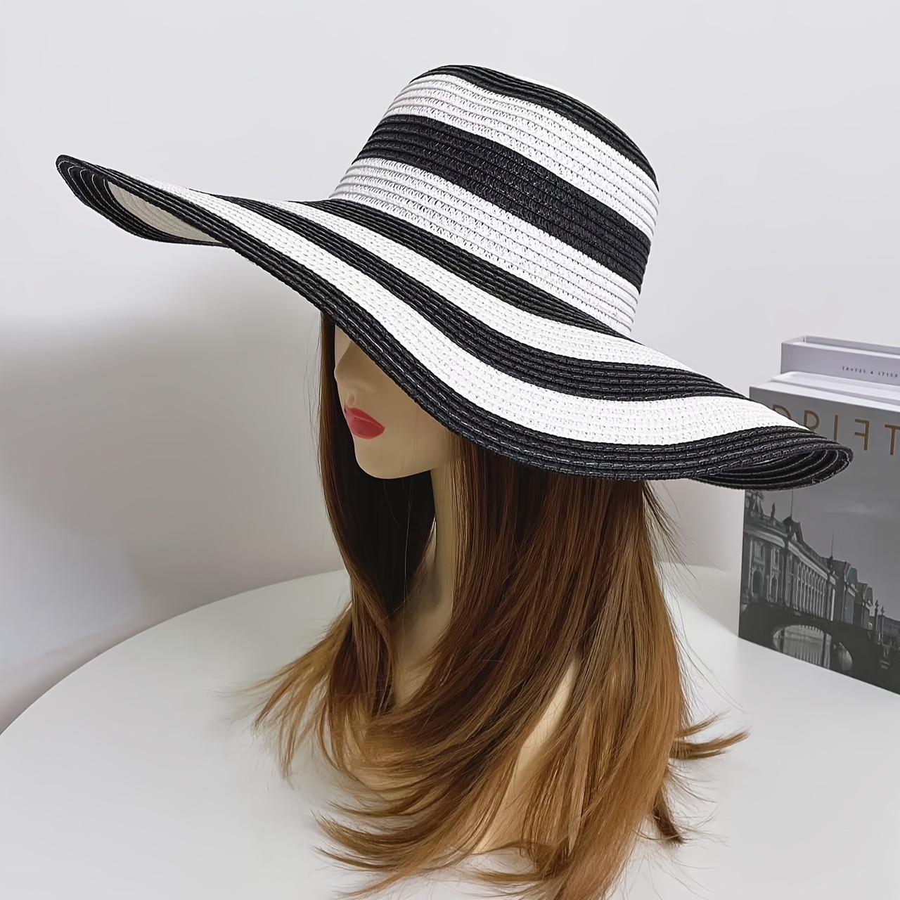 

Black & White Striped Wide Straw Hat For Women - Foldable, Uv Protection, Sun Hat, Paper , Rolled Design, Beach Sun Protection | Wide Hat | Foldable Design