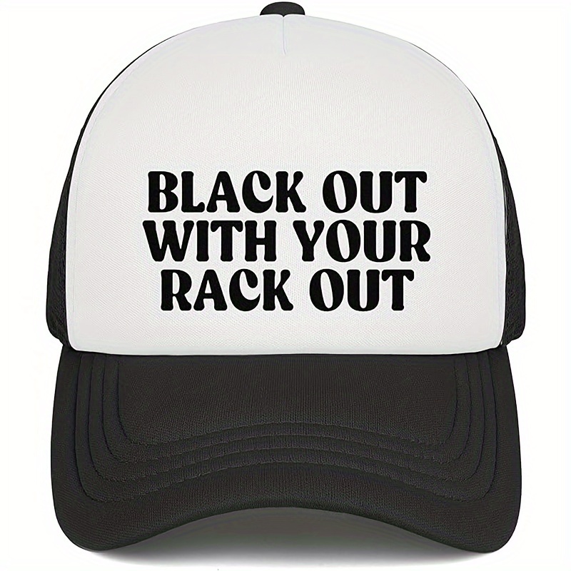 

Funky Polyester Baseball Cap With 'black Out With Your Rack Out' Print - Unisex Trucker Hat, Humorous Prank Gift, Breathable Mesh Back, Adjustable Snapback For Summer Sun Protection