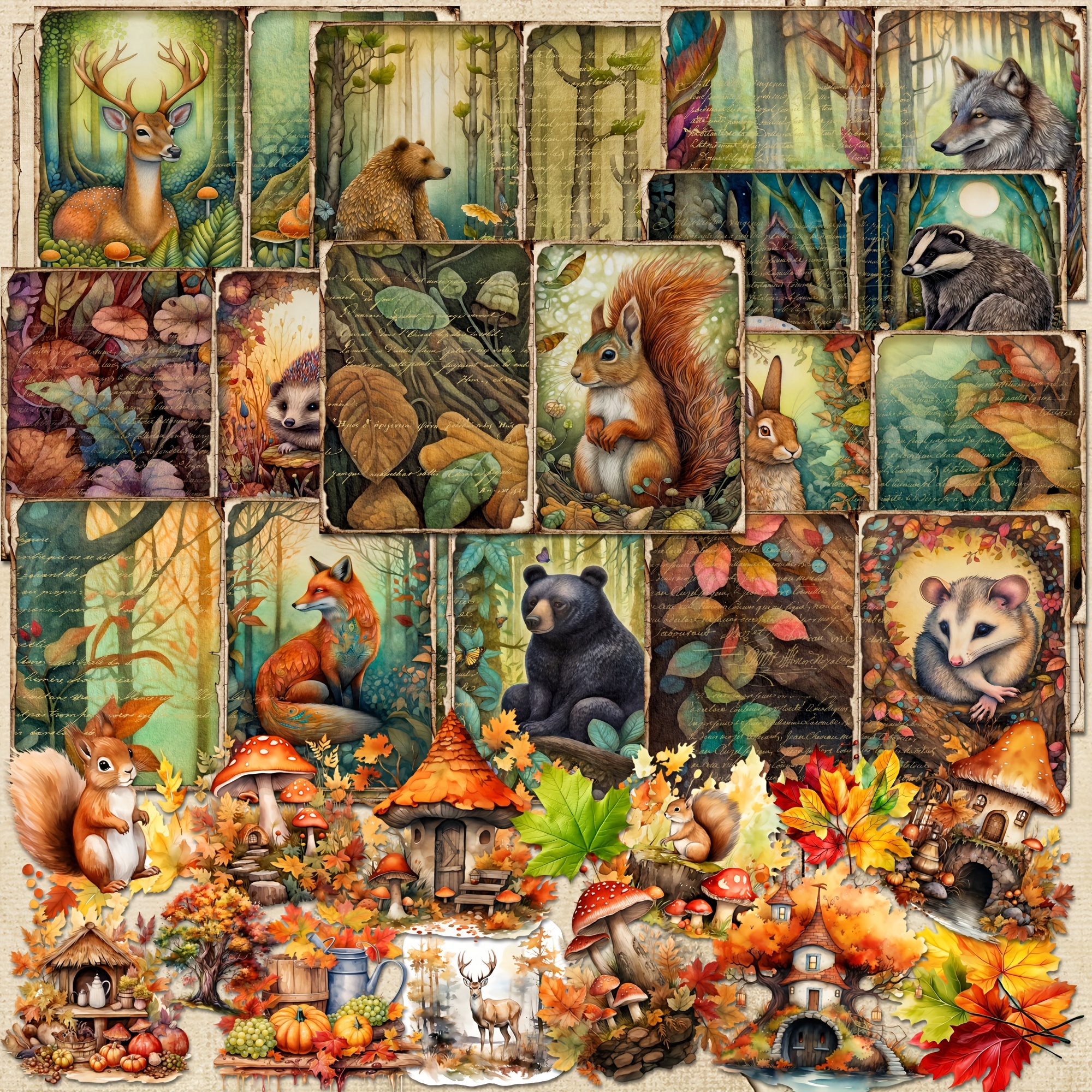 76pcs (12papers+64stickers) Vintage Squirrel Forest Scrapbooking Set, Perfect For Bullet Journals, Arts Crafts, Scrapbooking Supplies, Junk Journal Kits, Diy Crafts, Harvest Fall Season, Holiday Decor