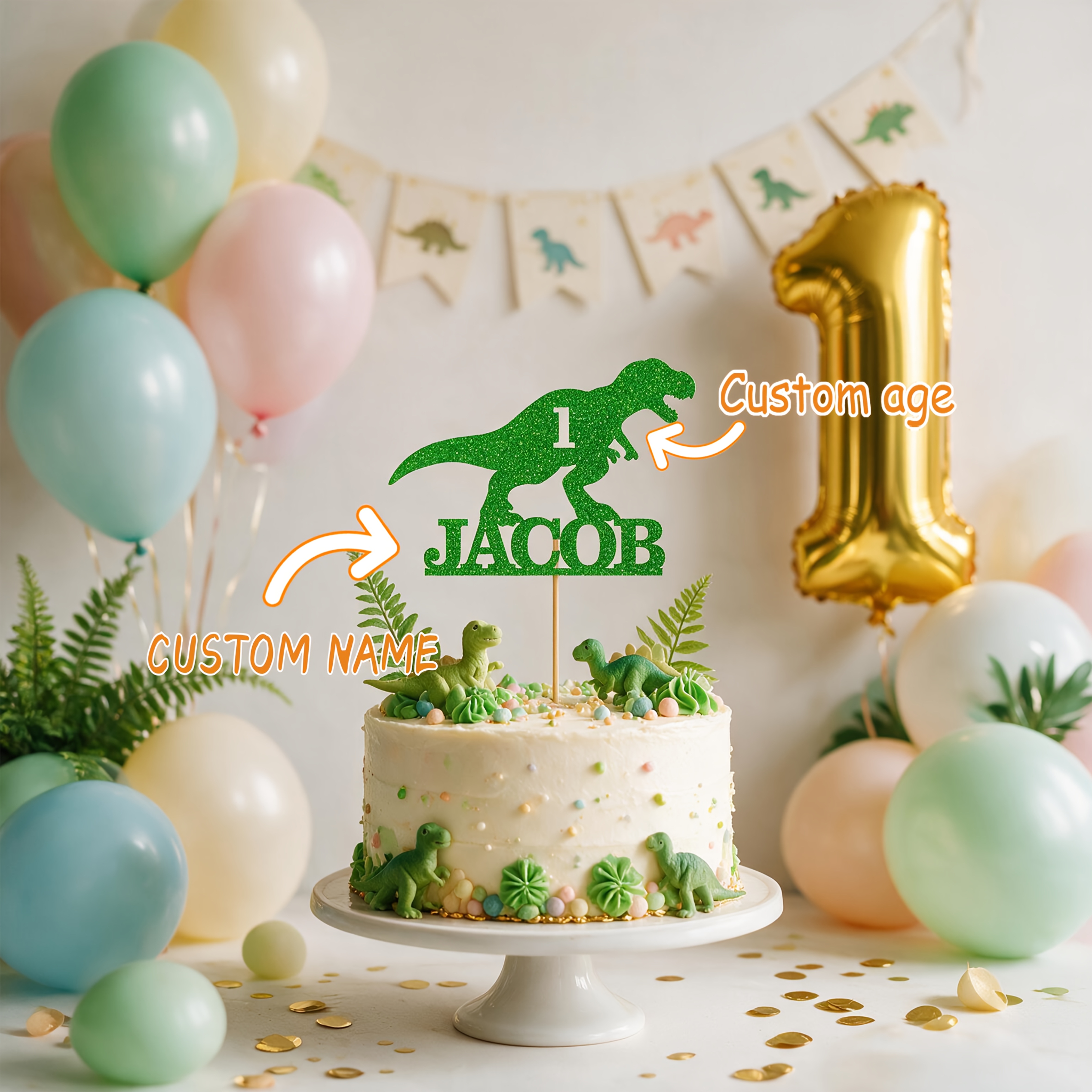 TEMU 1-pack Personalized Custom Shiny Dinosaur Cake Topper, Customizable Text, Birthday Cake Decoration, Suitable For Parties, Birthday Party Cake