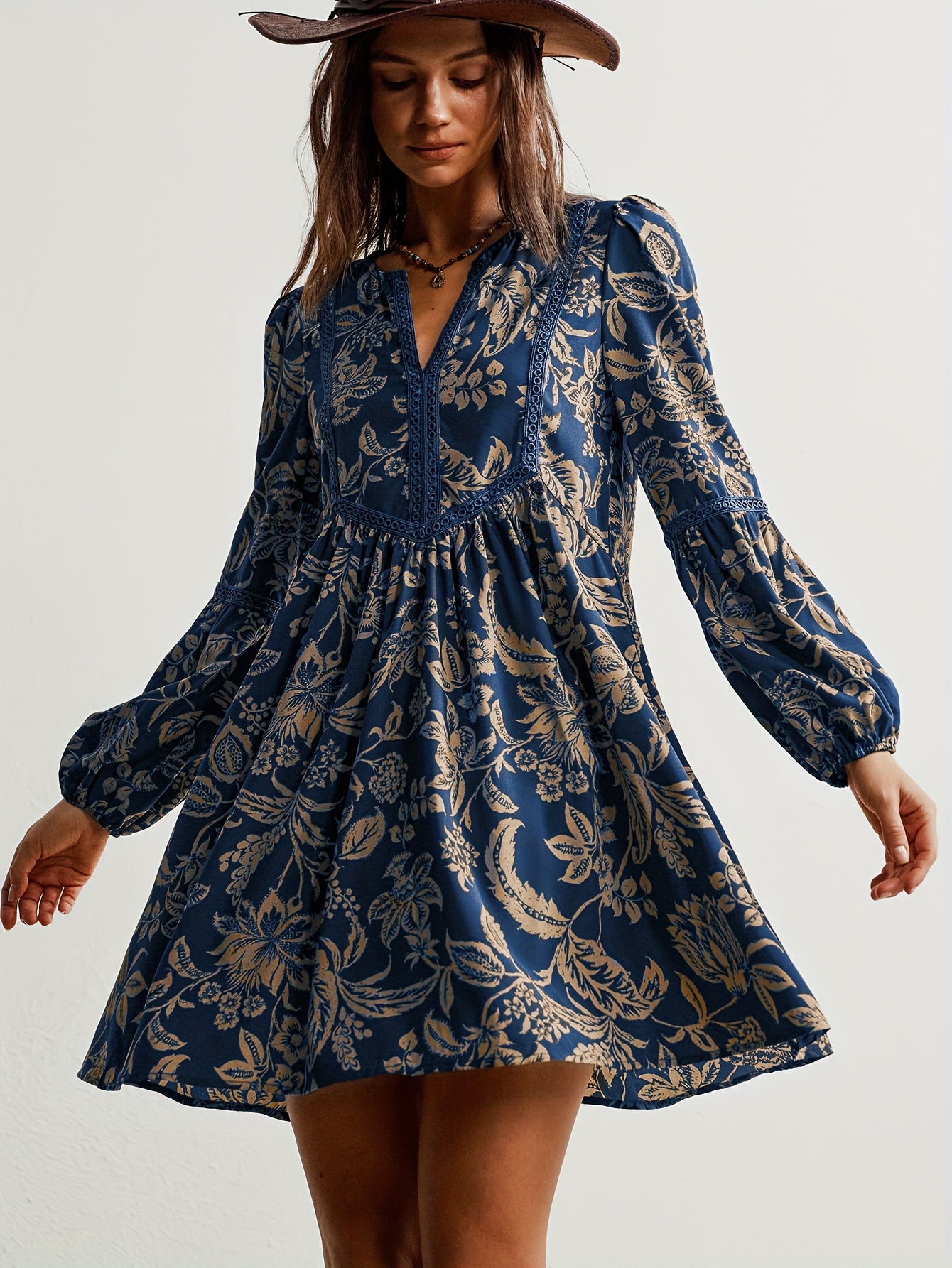 vintage floral mini dress brown long sleeve
