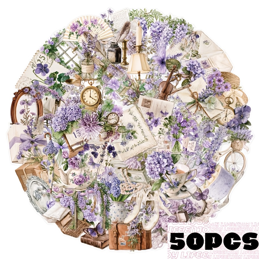 TEMU 50 Stück, transparente Handy-Aufkleber mit lila Blumen, kreativer ästhetischer Design-Aufkleber, Scrapbooking-Zubehör, geeignet für Handyhülle,