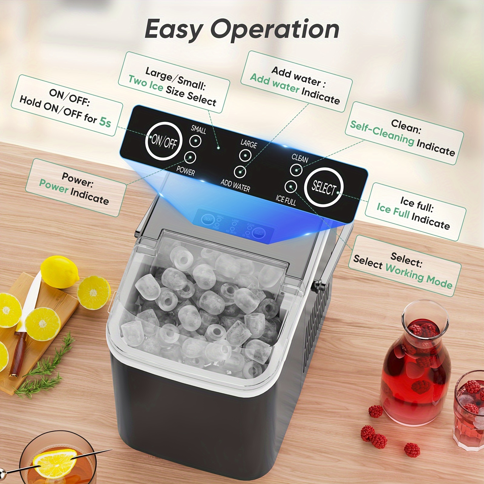 

Countertop Ice Maker, 9 Bullet Ice Cubes In 6 Mins, Nugget Portable Ice Machine, 26.5lbs In 24hrs Self-cleaning With Handle, Basket, Scoop For Home, Kitchen/party/camping/rv